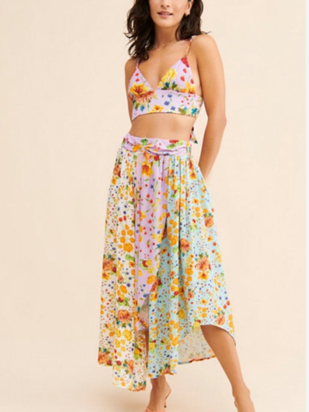 Agua Bendita Kayle Floral Crop Top & Bouk Asymmetrical Skirt Set L